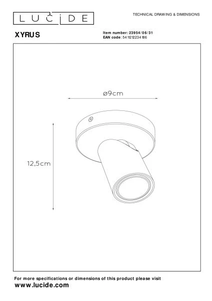 Lucide XYRUS - Plafondspot - Ø 9 cm - LED Dim to warm - GU10 - 1x5W 2200K/3000K - Wit - technisch